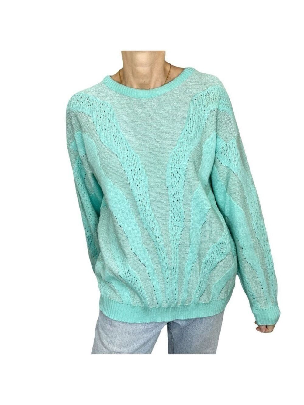 Vintage aqua geometric chevron oversized crew neck drop shoulder sweater 38